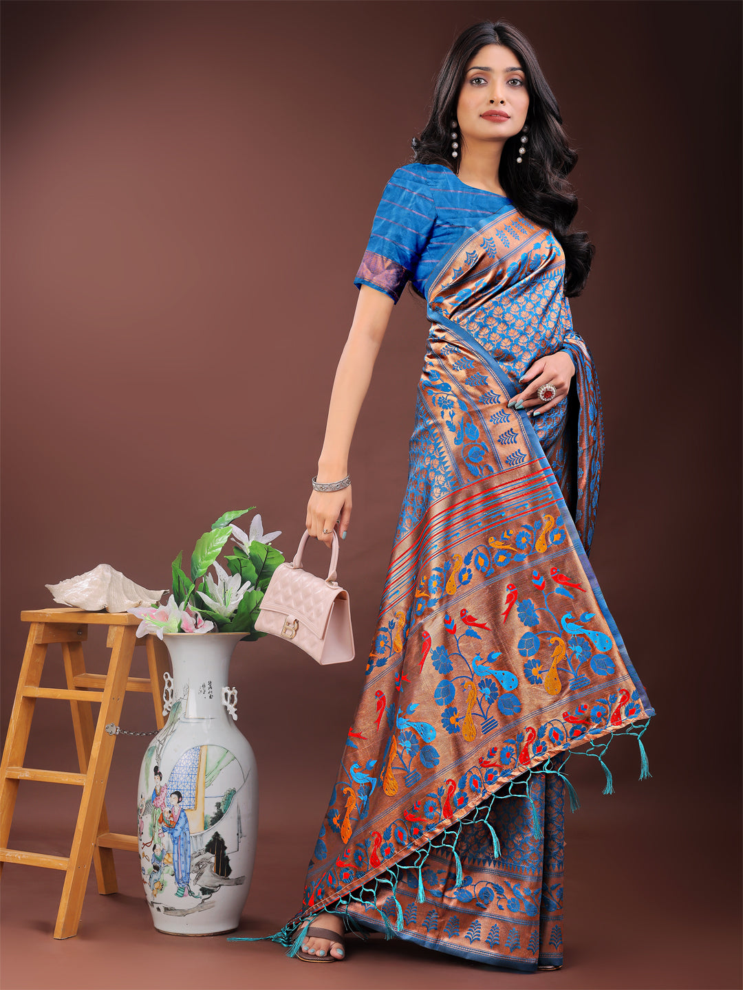 Astita Vibrant Copper & Blue Banarasi Silk Saree with Colorful Pallu – Perfect Blend of Tradition and Festive Elegance