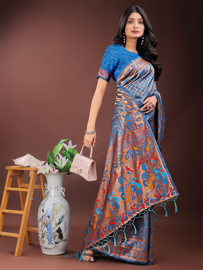 Astita Vibrant Copper & Blue Banarasi Silk Saree with Colorful Pallu – Perfect Blend of Tradition and Festive Elegance