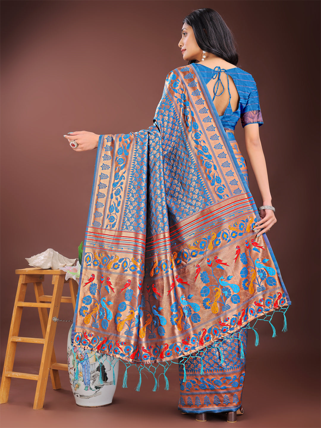 Astita Vibrant Copper & Blue Banarasi Silk Saree with Colorful Pallu – Perfect Blend of Tradition and Festive Elegance