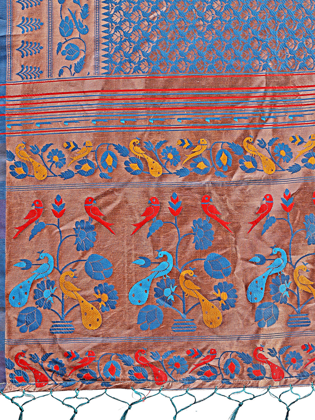 Astita Vibrant Copper & Blue Banarasi Silk Saree with Colorful Pallu – Perfect Blend of Tradition and Festive Elegance