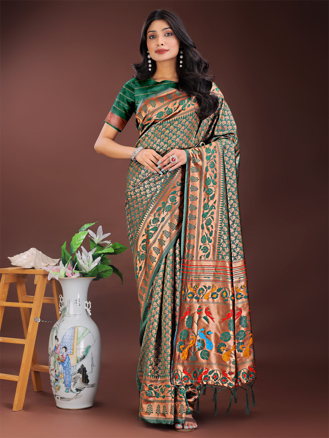 Astita Vibrant Copper & Green Banarasi Silk Saree with Colorful Pallu – Perfect Blend of Tradition and Festive Elegance