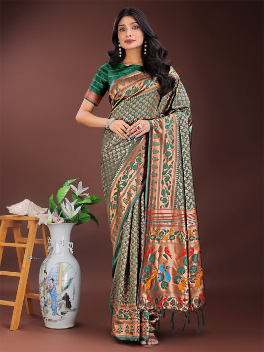 Astita Vibrant Copper & Green Banarasi Silk Saree with Colorful Pallu – Perfect Blend of Tradition and Festive Elegance