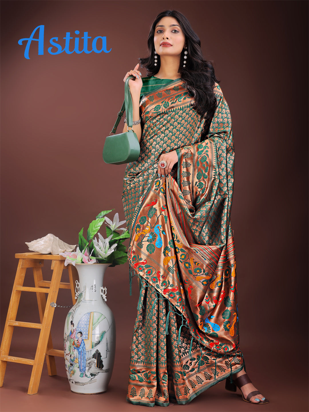 Astita Vibrant Copper & Green Banarasi Silk Saree with Colorful Pallu – Perfect Blend of Tradition and Festive Elegance