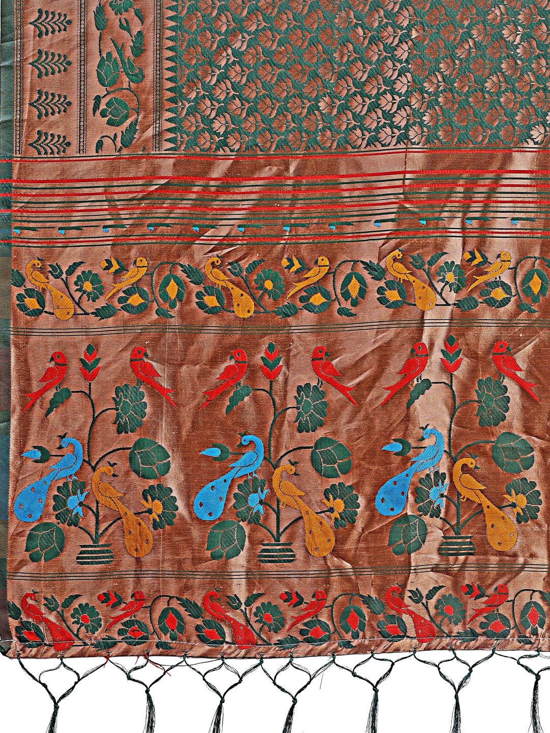 Astita Vibrant Copper & Green Banarasi Silk Saree with Colorful Pallu – Perfect Blend of Tradition and Festive Elegance