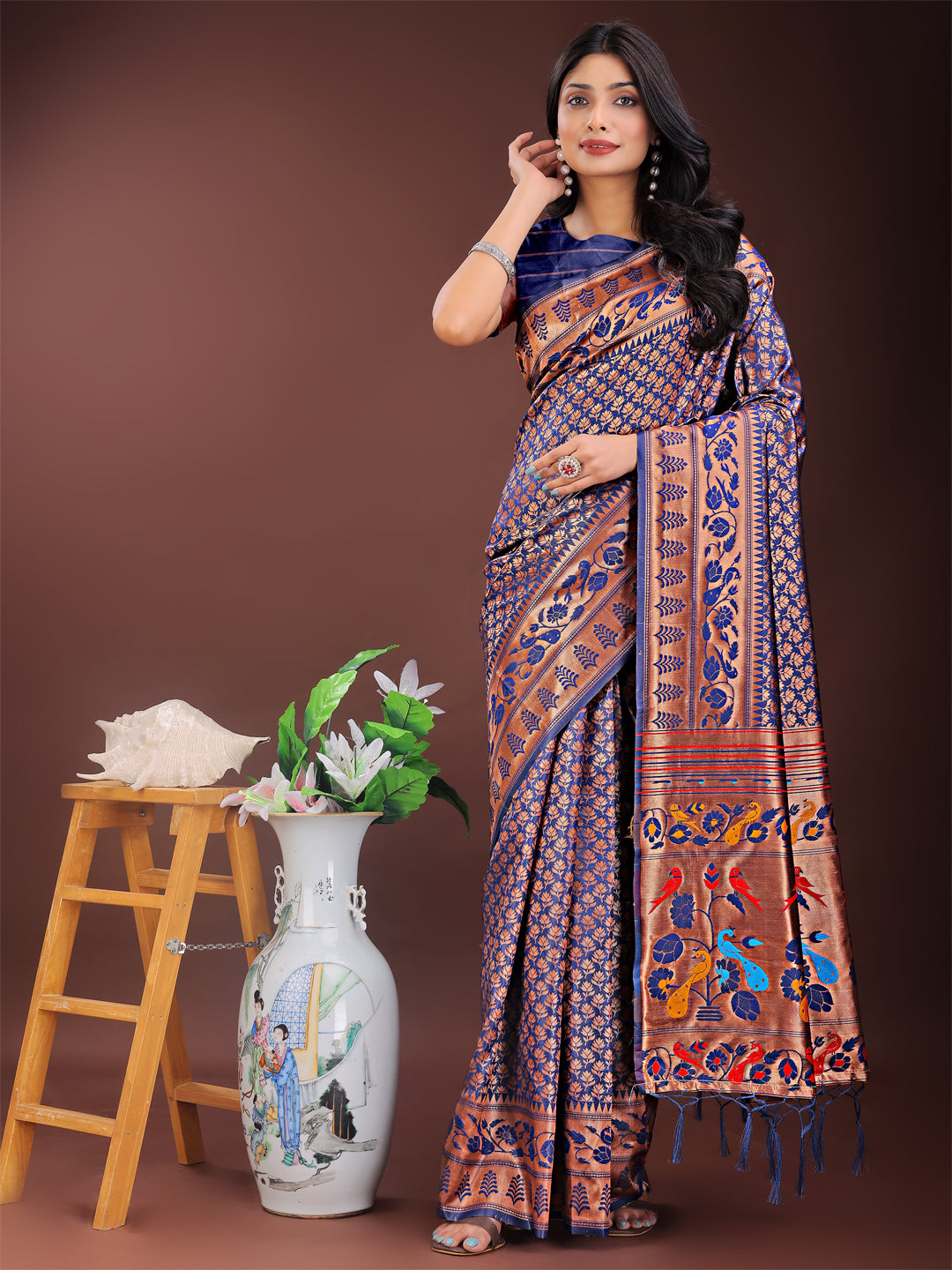 Astita Vibrant Copper & Navy Blue Banarasi Silk Saree with Colorful Pallu – Perfect Blend of Tradition and Festive Elegance