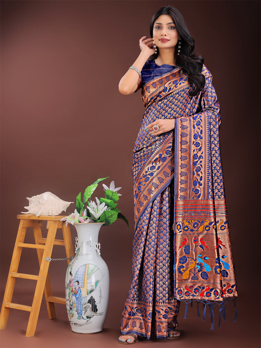 Astita Vibrant Copper & Navy Blue Banarasi Silk Saree with Colorful Pallu – Perfect Blend of Tradition and Festive Elegance