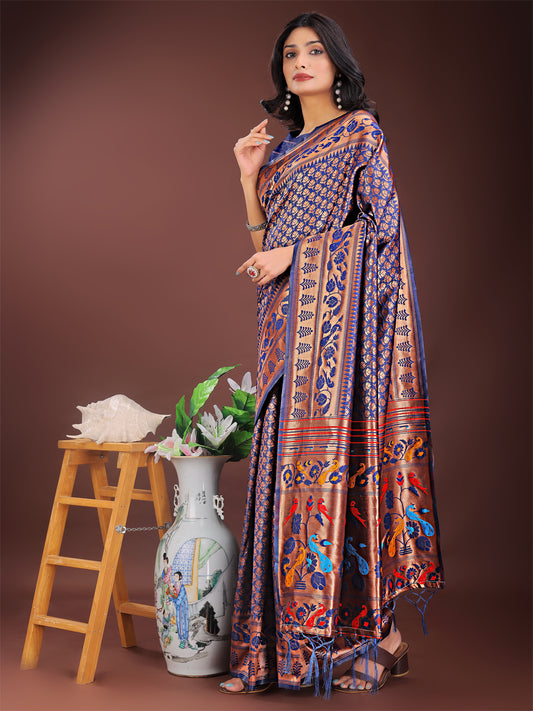Astita Vibrant Copper & Navy Blue Banarasi Silk Saree with Colorful Pallu – Perfect Blend of Tradition and Festive Elegance