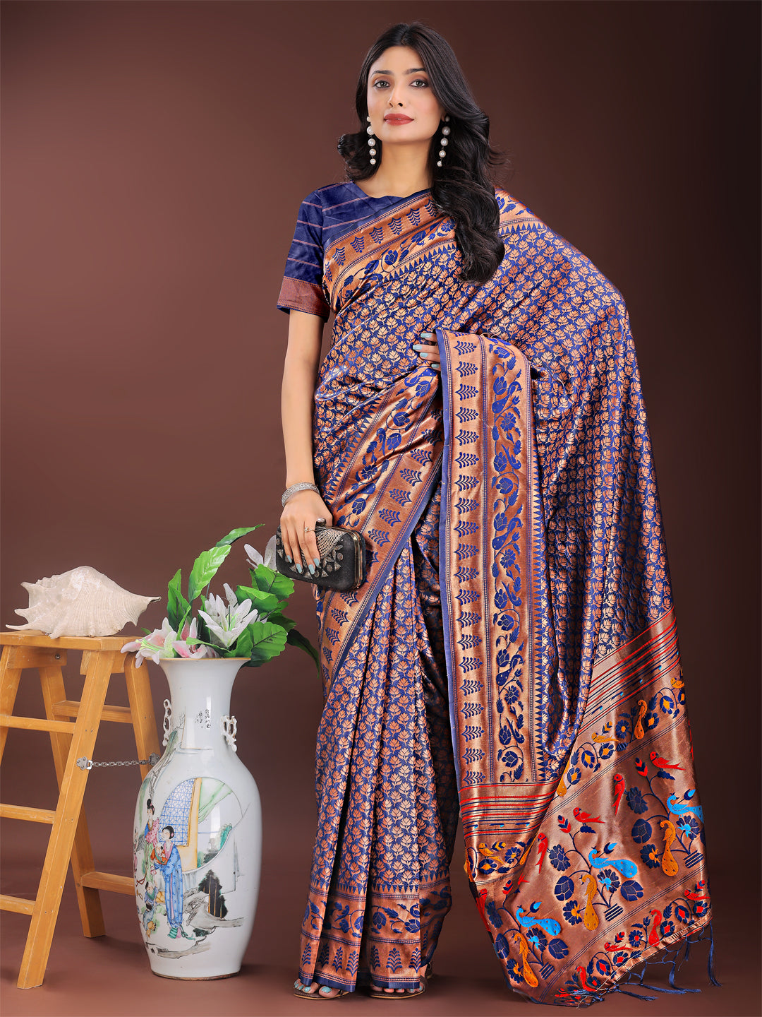 Astita Vibrant Copper & Navy Blue Banarasi Silk Saree with Colorful Pallu – Perfect Blend of Tradition and Festive Elegance