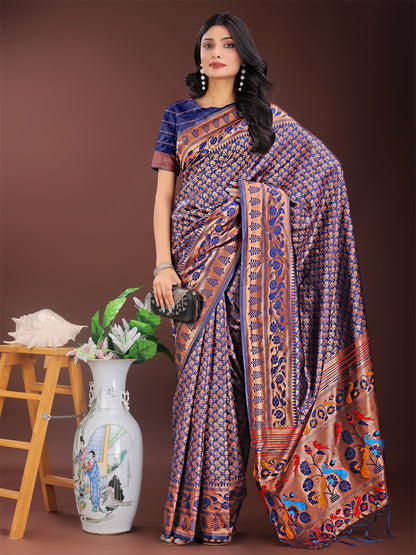 Astita Vibrant Copper & Navy Blue Banarasi Silk Saree with Colorful Pallu – Perfect Blend of Tradition and Festive Elegance