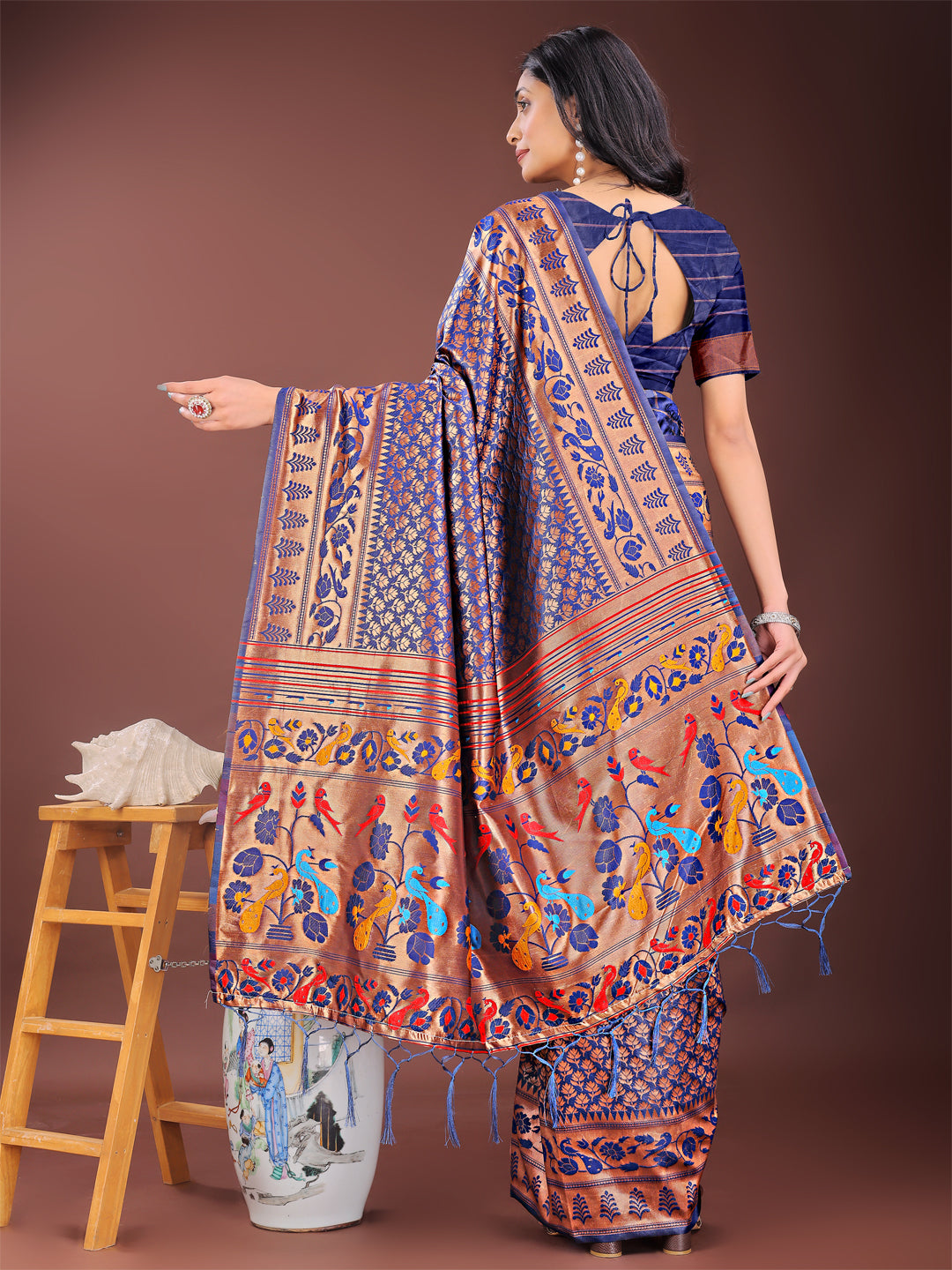 Astita Vibrant Copper & Navy Blue Banarasi Silk Saree with Colorful Pallu – Perfect Blend of Tradition and Festive Elegance