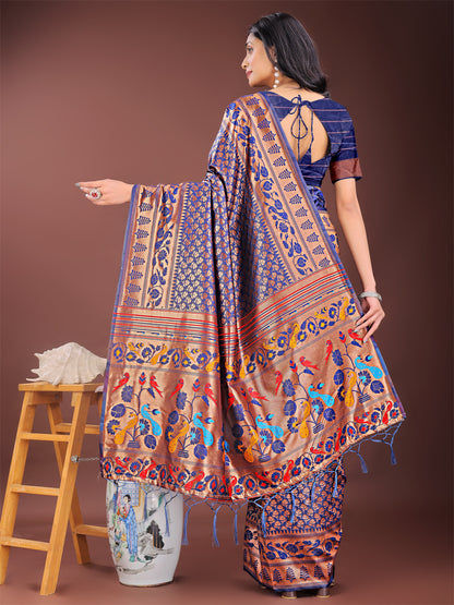 Astita Vibrant Copper & Navy Blue Banarasi Silk Saree with Colorful Pallu – Perfect Blend of Tradition and Festive Elegance