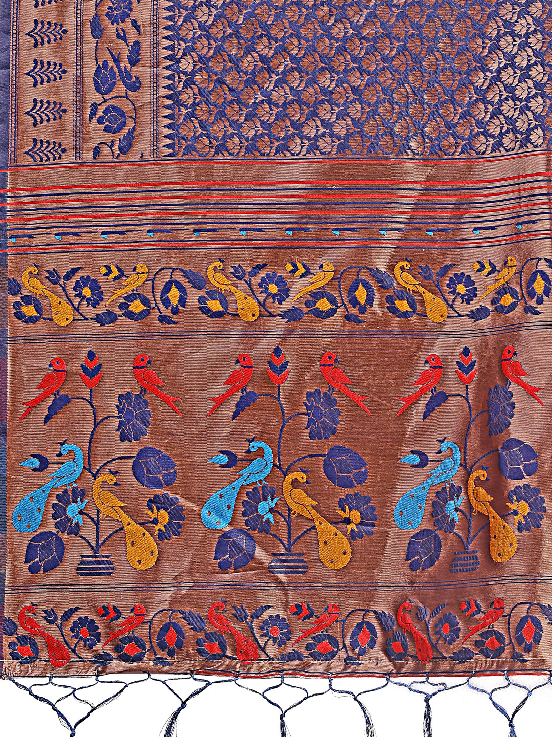 Astita Vibrant Copper & Navy Blue Banarasi Silk Saree with Colorful Pallu – Perfect Blend of Tradition and Festive Elegance