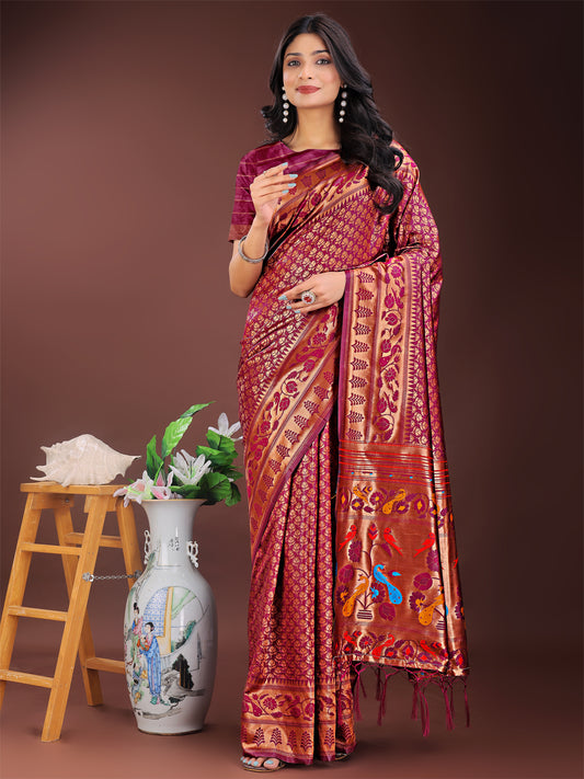 Astita Vibrant Copper & Magenta Banarasi Silk Saree with Colorful Pallu – Perfect Blend of Tradition and Festive Elegance