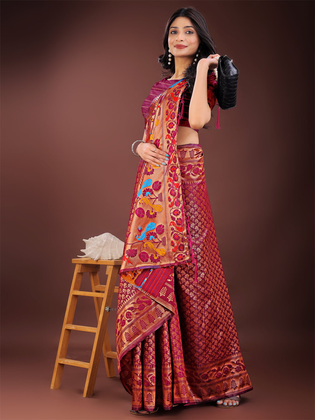 Astita Vibrant Copper & Magenta Banarasi Silk Saree with Colorful Pallu – Perfect Blend of Tradition and Festive Elegance