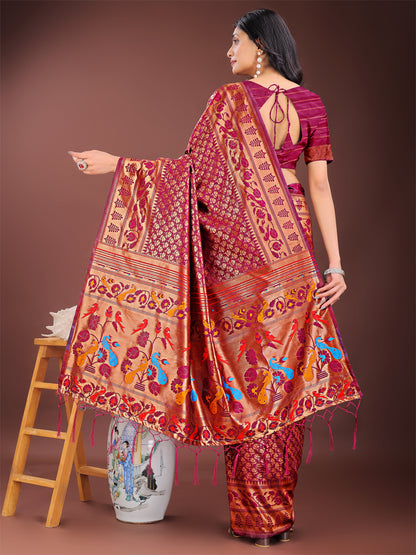 Astita Vibrant Copper & Magenta Banarasi Silk Saree with Colorful Pallu – Perfect Blend of Tradition and Festive Elegance