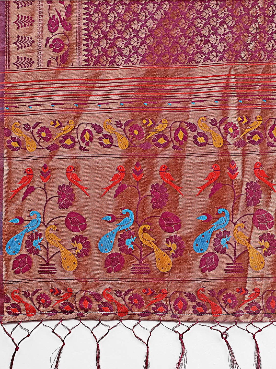 Astita Vibrant Copper & Magenta Banarasi Silk Saree with Colorful Pallu – Perfect Blend of Tradition and Festive Elegance