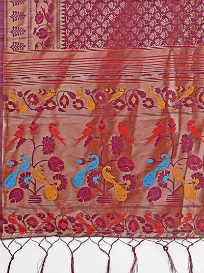 Astita Vibrant Copper & Magenta Banarasi Silk Saree with Colorful Pallu – Perfect Blend of Tradition and Festive Elegance