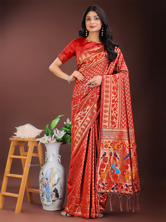 Astita Vibrant Copper & Red Banarasi Silk Saree with Colorful Pallu – Perfect Blend of Tradition and Festive Elegance