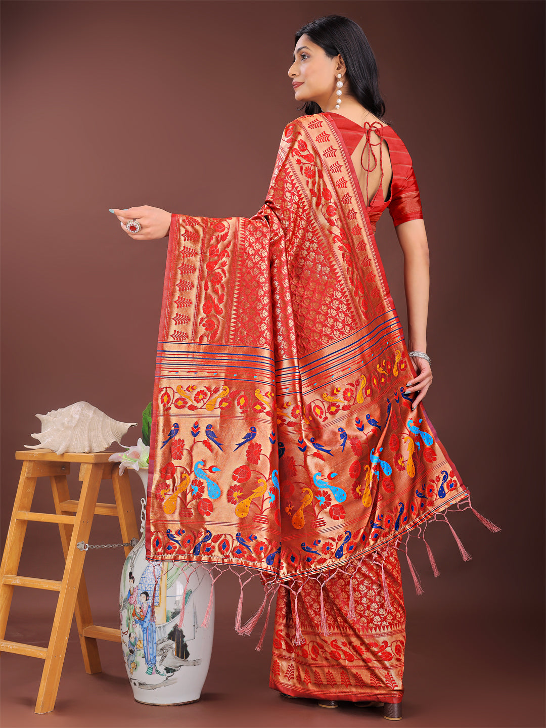 Astita Vibrant Copper & Red Banarasi Silk Saree with Colorful Pallu – Perfect Blend of Tradition and Festive Elegance