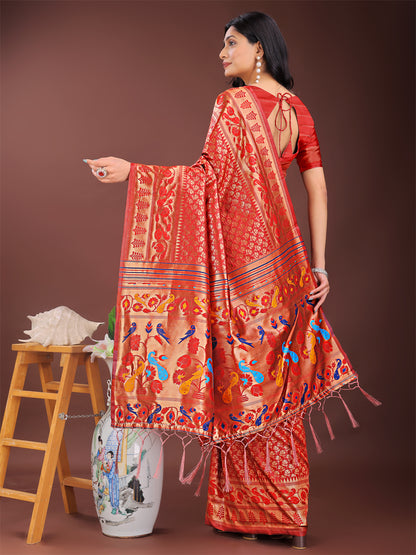 Astita Vibrant Copper & Red Banarasi Silk Saree with Colorful Pallu – Perfect Blend of Tradition and Festive Elegance