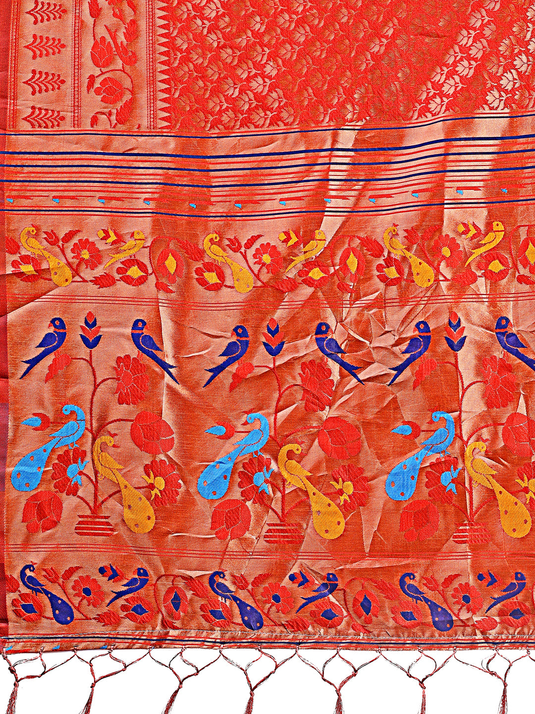 Astita Vibrant Copper & Red Banarasi Silk Saree with Colorful Pallu – Perfect Blend of Tradition and Festive Elegance