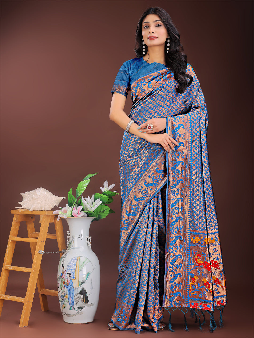 Astita Fiery Blue Banarasi Silk Saree with Gold Zari and Colorful Pallu – Perfect for Bridal, Wedding & Festive Glamour