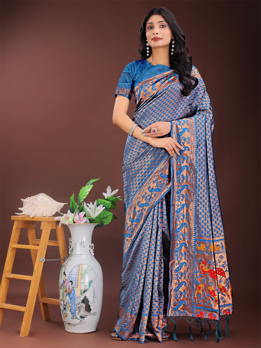 Astita Fiery Blue Banarasi Silk Saree with Gold Zari and Colorful Pallu – Perfect for Bridal, Wedding & Festive Glamour