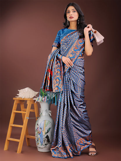 Astita Fiery Blue Banarasi Silk Saree with Gold Zari and Colorful Pallu – Perfect for Bridal, Wedding & Festive Glamour