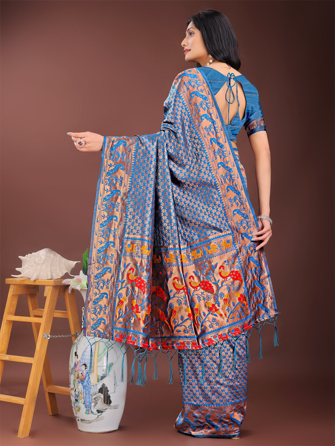 Astita Fiery Blue Banarasi Silk Saree with Gold Zari and Colorful Pallu – Perfect for Bridal, Wedding & Festive Glamour