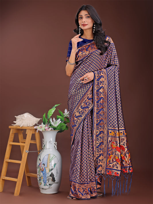 Astita Fiery Navy Blue Banarasi Silk Saree with Gold Zari and Colorful Pallu – Perfect for Bridal, Wedding & Festive Glamour