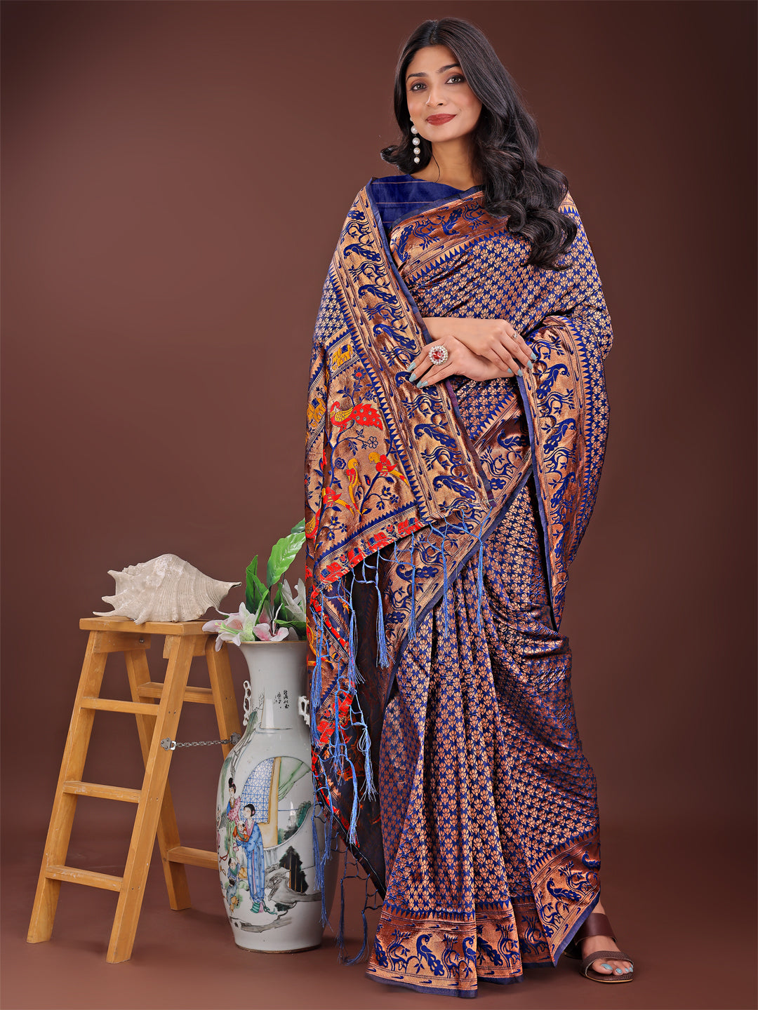 Astita Fiery Navy Blue Banarasi Silk Saree with Gold Zari and Colorful Pallu – Perfect for Bridal, Wedding & Festive Glamour