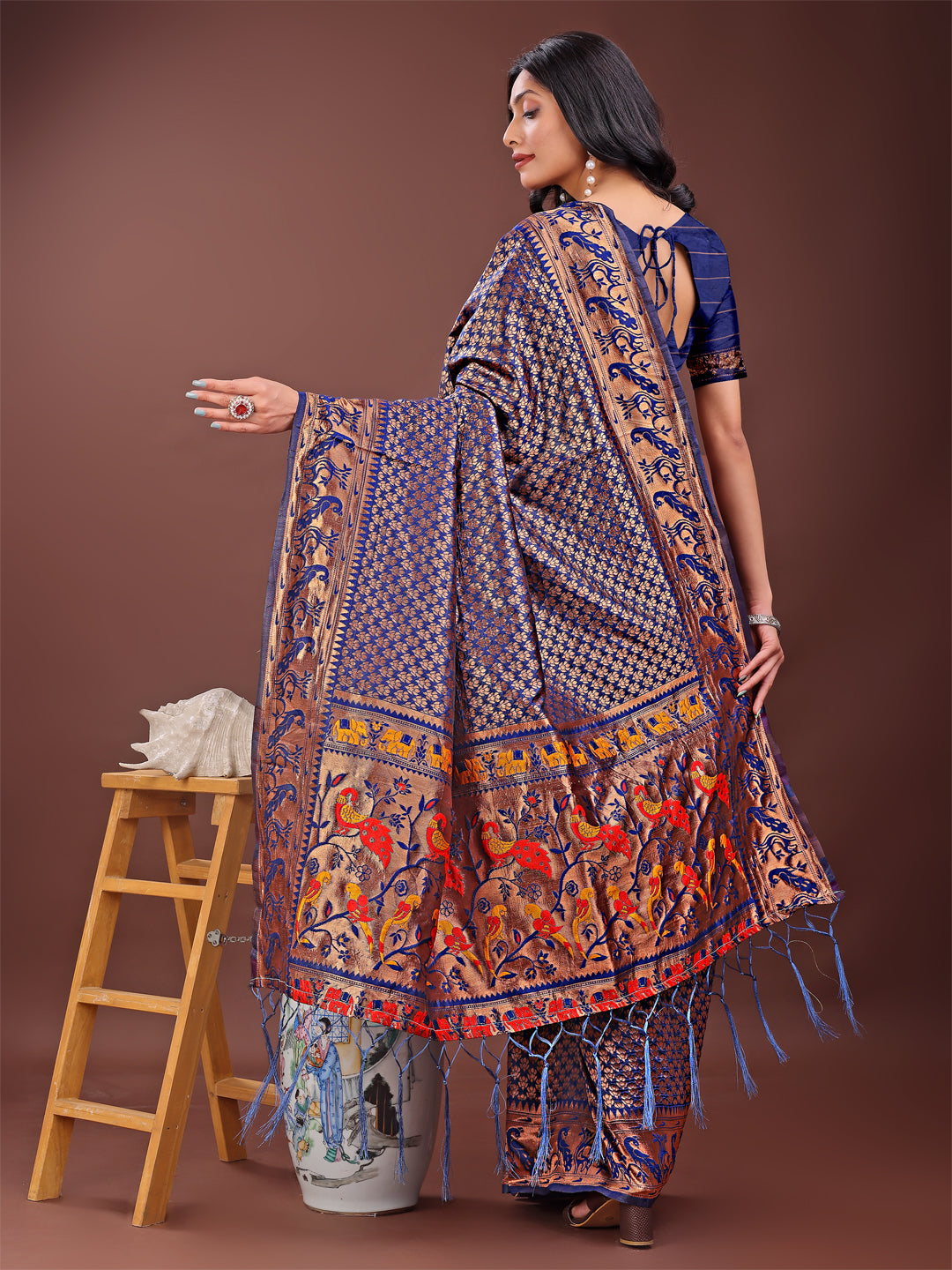 Astita Fiery Navy Blue Banarasi Silk Saree with Gold Zari and Colorful Pallu – Perfect for Bridal, Wedding & Festive Glamour