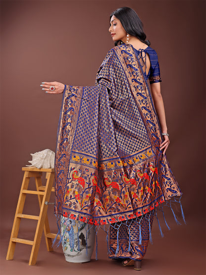 Astita Fiery Navy Blue Banarasi Silk Saree with Gold Zari and Colorful Pallu – Perfect for Bridal, Wedding & Festive Glamour