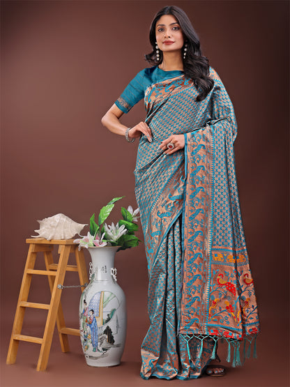Astita Fiery Sea Green Banarasi Silk Saree with Gold Zari and Colorful Pallu – Perfect for Bridal, Wedding & Festive Glamour