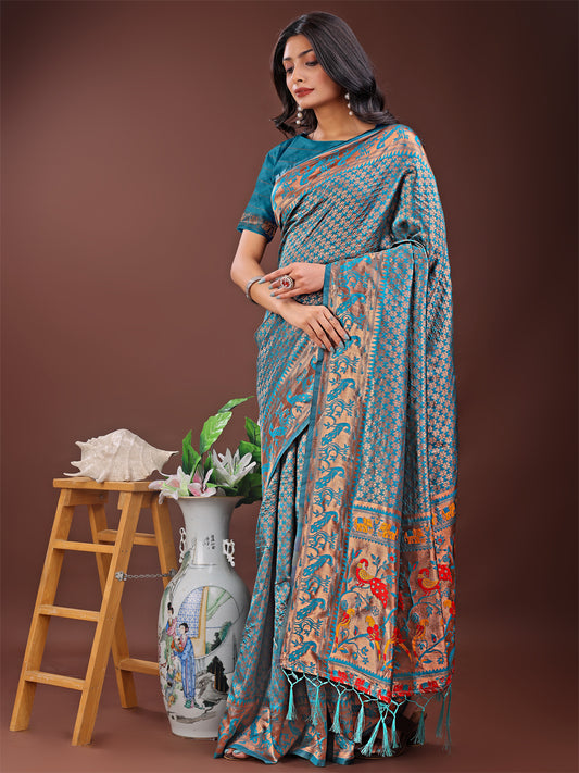 Astita Fiery Sea Green Banarasi Silk Saree with Gold Zari and Colorful Pallu – Perfect for Bridal, Wedding & Festive Glamour