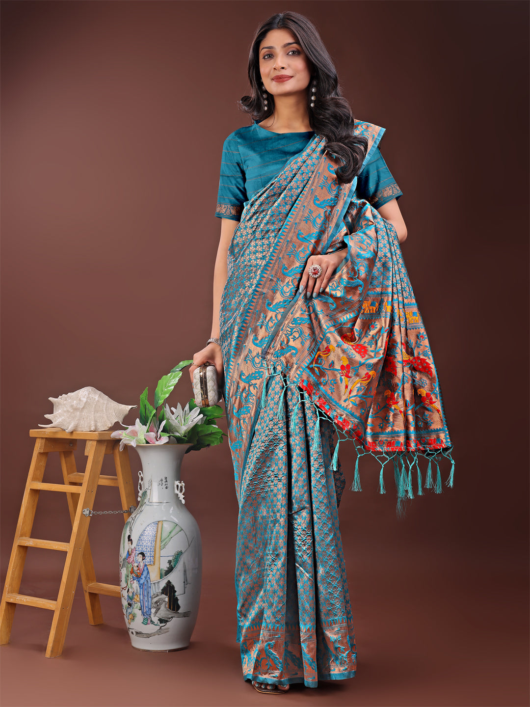 Astita Fiery Sea Green Banarasi Silk Saree with Gold Zari and Colorful Pallu – Perfect for Bridal, Wedding & Festive Glamour