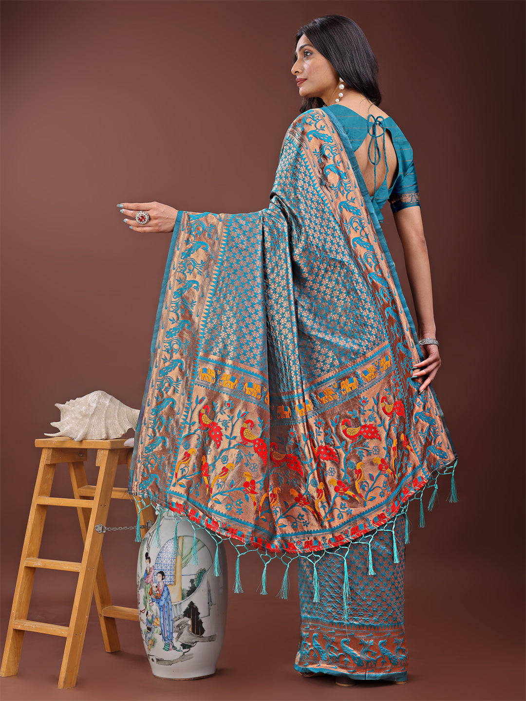 Astita Fiery Sea Green Banarasi Silk Saree with Gold Zari and Colorful Pallu – Perfect for Bridal, Wedding & Festive Glamour