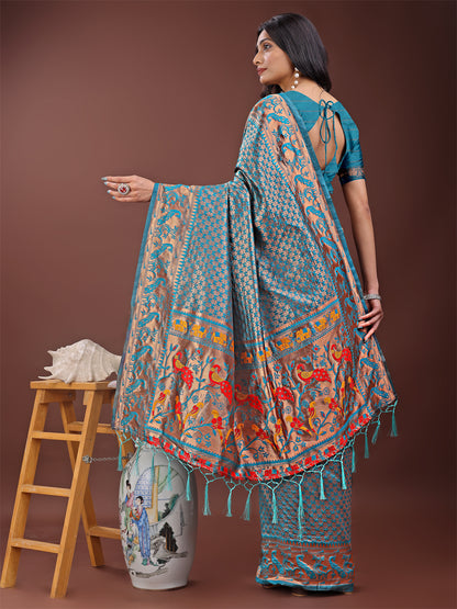 Astita Fiery Sea Green Banarasi Silk Saree with Gold Zari and Colorful Pallu – Perfect for Bridal, Wedding & Festive Glamour