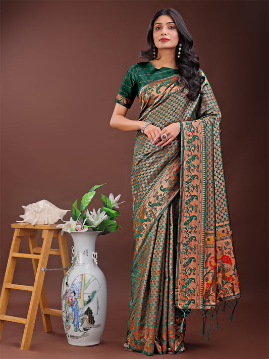 Astita Fiery Green Banarasi Silk Saree with Gold Zari and Colorful Pallu – Perfect for Bridal, Wedding & Festive Glamour