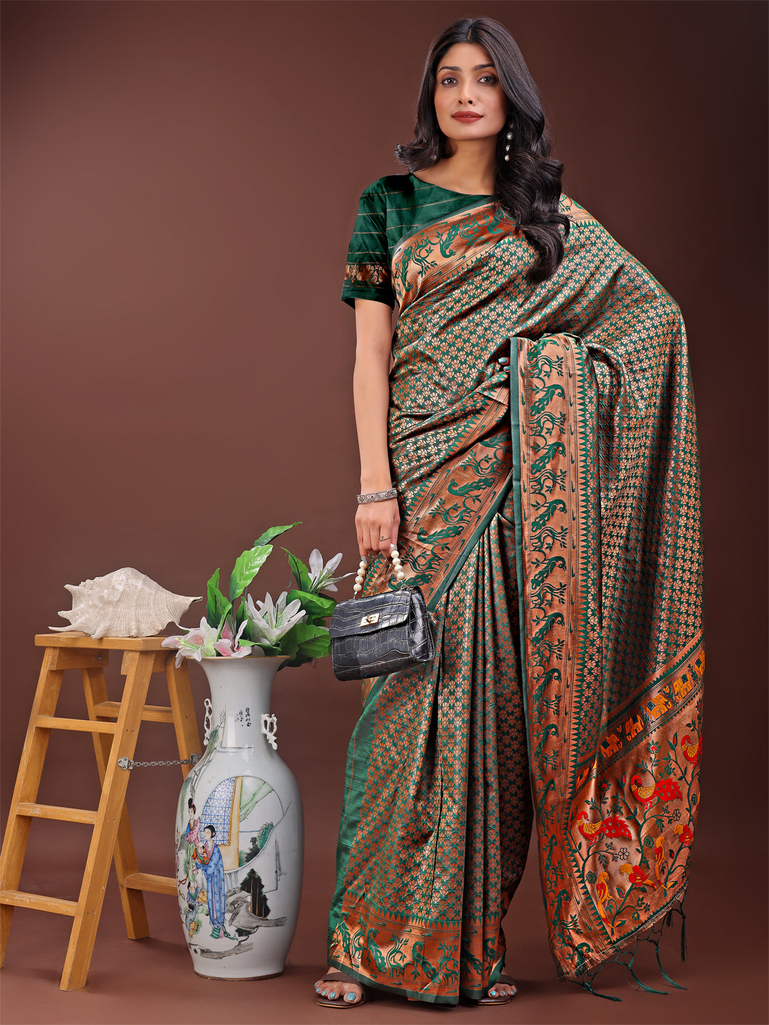 Astita Fiery Green Banarasi Silk Saree with Gold Zari and Colorful Pallu – Perfect for Bridal, Wedding & Festive Glamour