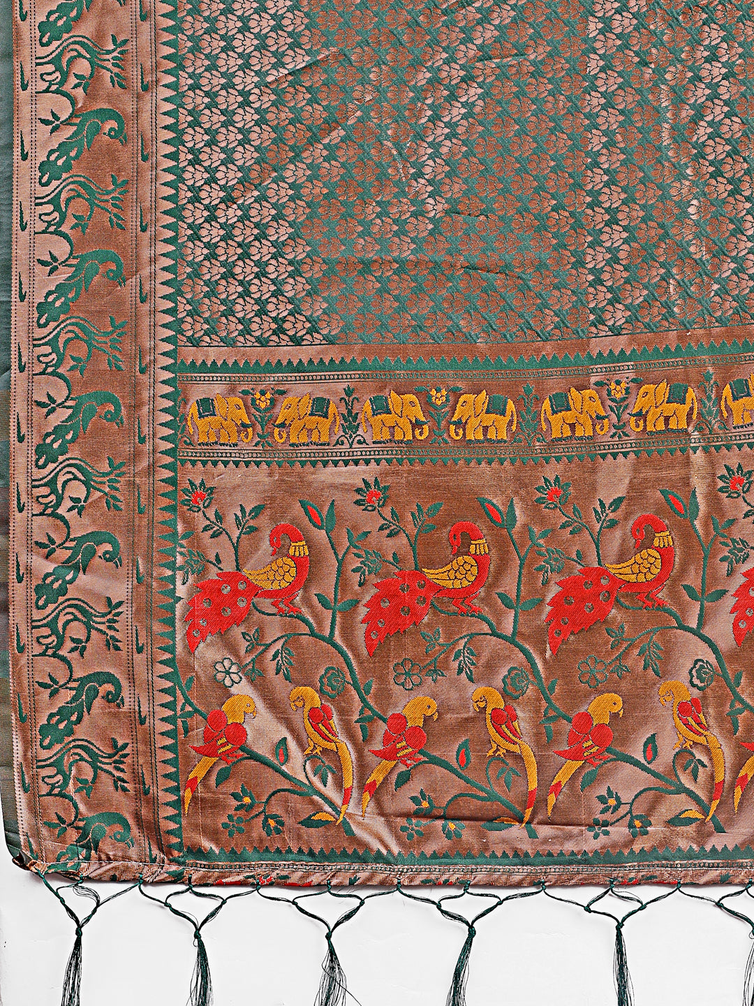 Astita Fiery Green Banarasi Silk Saree with Gold Zari and Colorful Pallu – Perfect for Bridal, Wedding & Festive Glamour