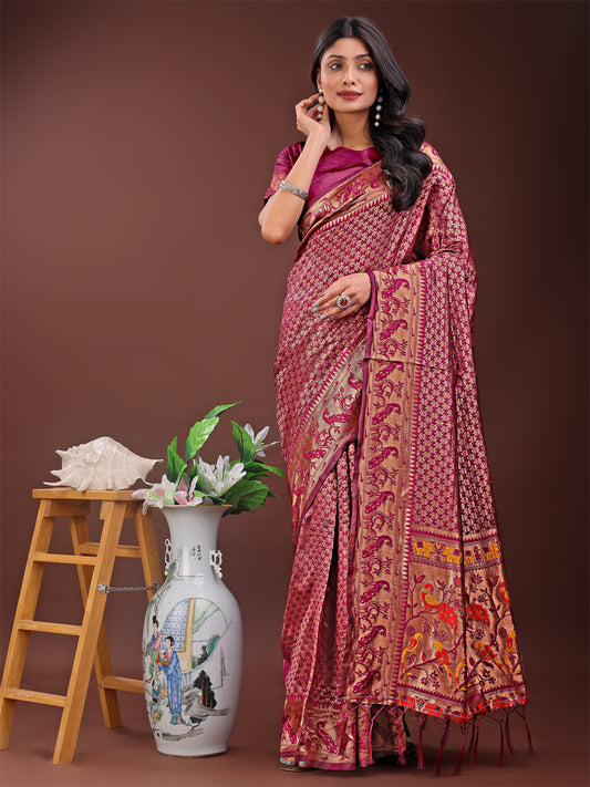 Astita Fiery Purple Banarasi Silk Saree with Gold Zari and Colorful Pallu – Perfect for Bridal, Wedding & Festive Glamour