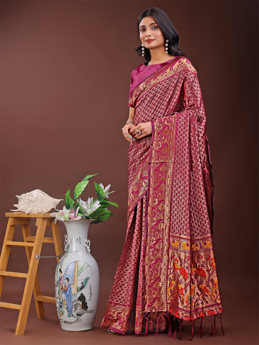 Astita Fiery Purple Banarasi Silk Saree with Gold Zari and Colorful Pallu – Perfect for Bridal, Wedding & Festive Glamour