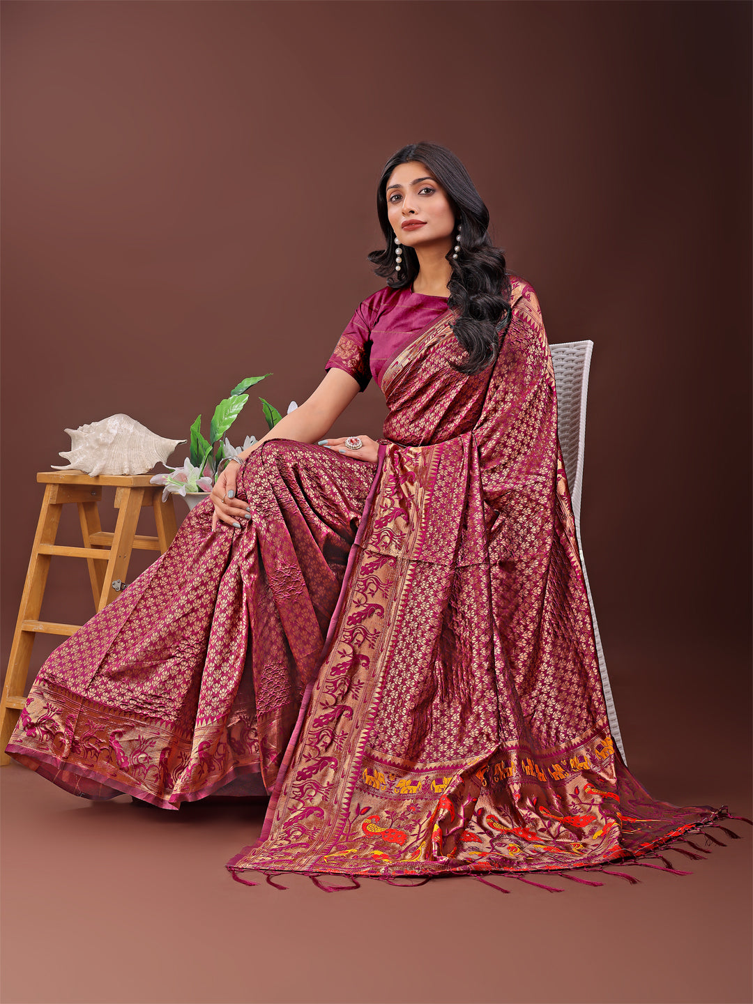 Astita Fiery Purple Banarasi Silk Saree with Gold Zari and Colorful Pallu – Perfect for Bridal, Wedding & Festive Glamour