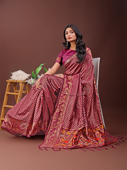 Astita Fiery Purple Banarasi Silk Saree with Gold Zari and Colorful Pallu – Perfect for Bridal, Wedding & Festive Glamour