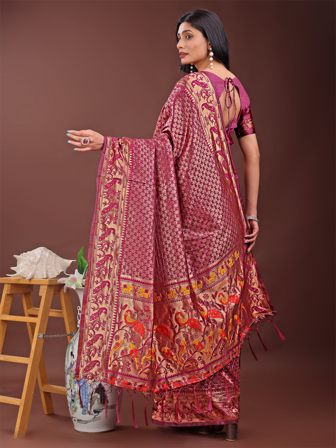 Astita Fiery Purple Banarasi Silk Saree with Gold Zari and Colorful Pallu – Perfect for Bridal, Wedding & Festive Glamour