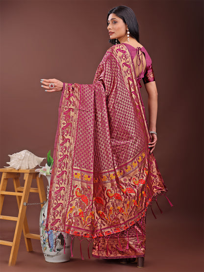 Astita Fiery Purple Banarasi Silk Saree with Gold Zari and Colorful Pallu – Perfect for Bridal, Wedding & Festive Glamour