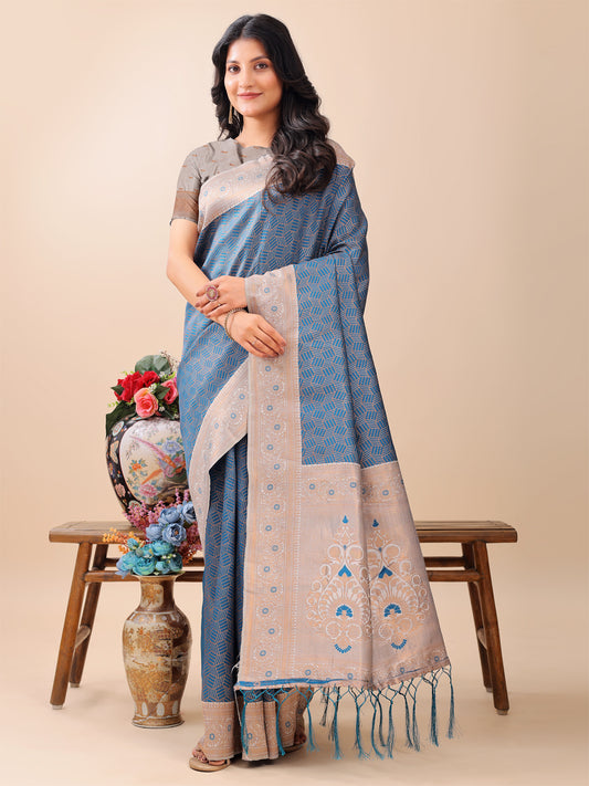Astita Graceful Blue & Beige Lichi Silk Saree with Elegant Woven Pallu – Timeless Beauty for Every Occasion