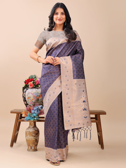 Astita Graceful Navy Blue & Beige Lichi Silk Saree with Elegant Woven Pallu – Timeless Beauty for Every Occasion