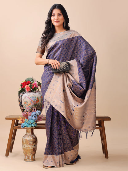 Astita Graceful Navy Blue & Beige Lichi Silk Saree with Elegant Woven Pallu – Timeless Beauty for Every Occasion